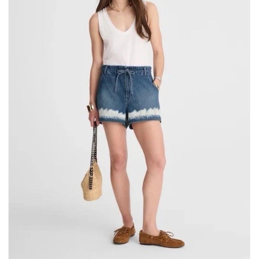 Madewell Paperbag Waist Denim Shorts Tie Waist Blue Dip Dye Bleach Hem Women's L